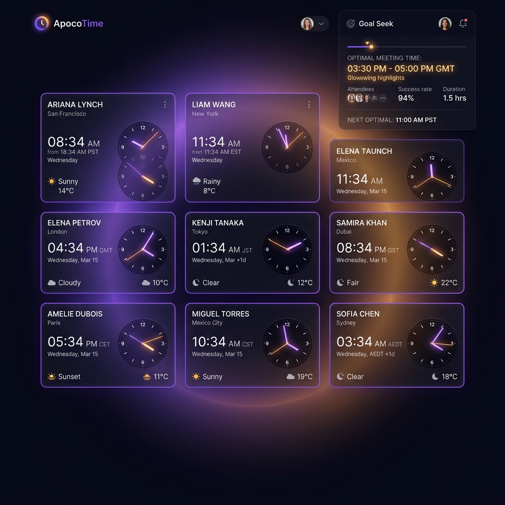 ApoClock dashboard showing member timezones and Goal Seek panel